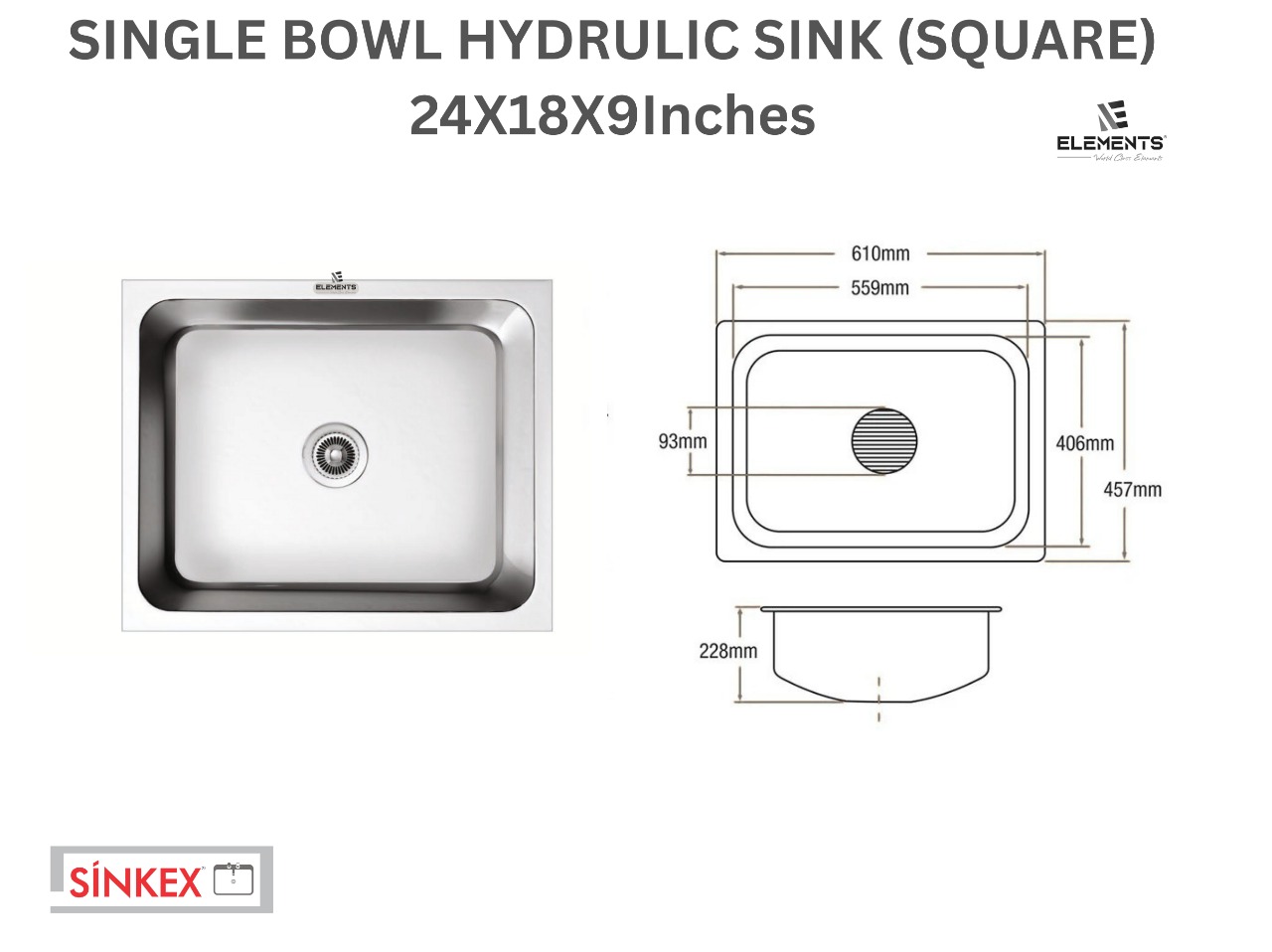 Square single Bowl hydraulic sinks (24x18x9 inches)