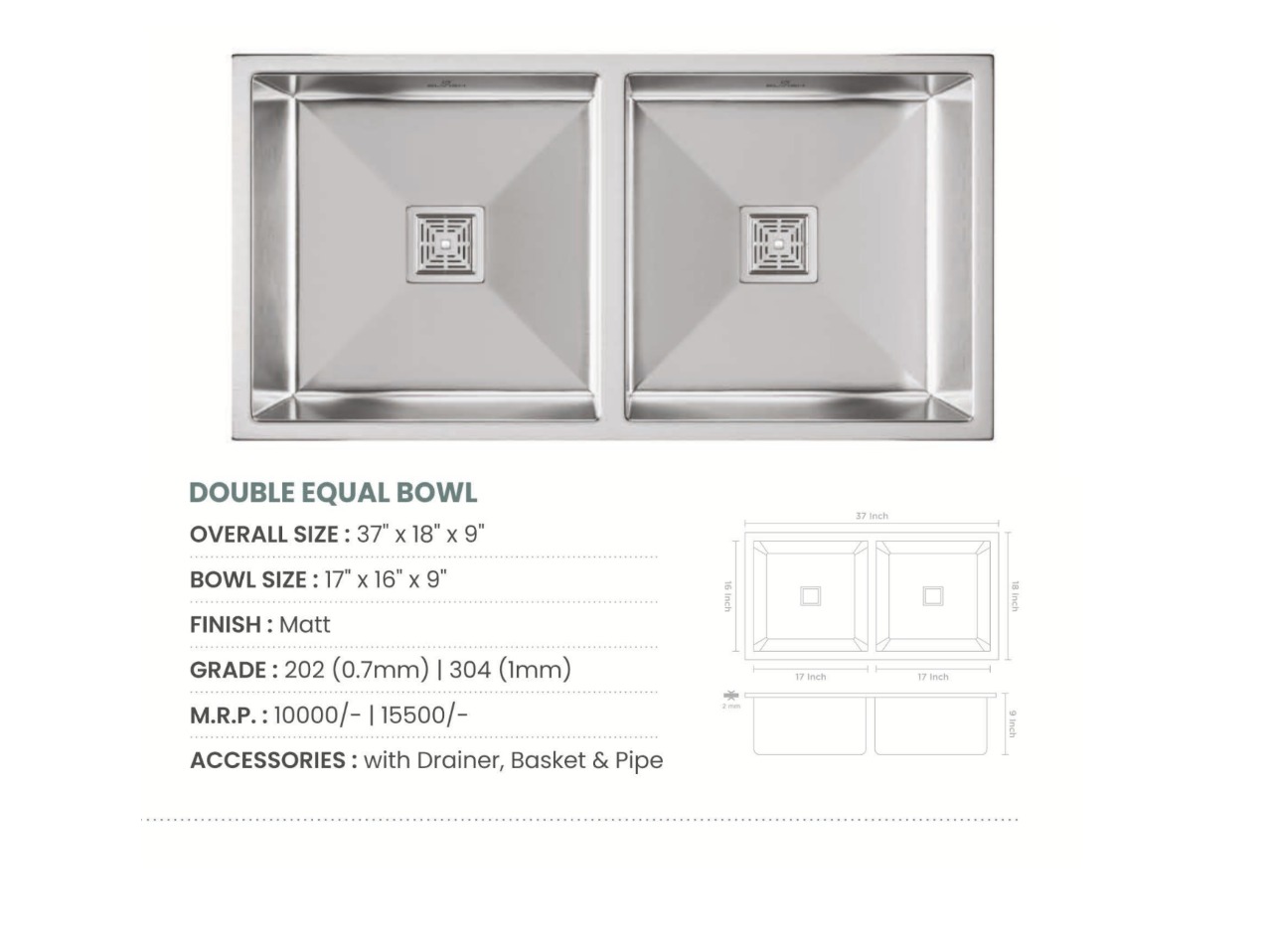 Handmade Double Bowl Kitchen Sink (37x18x9 inches)