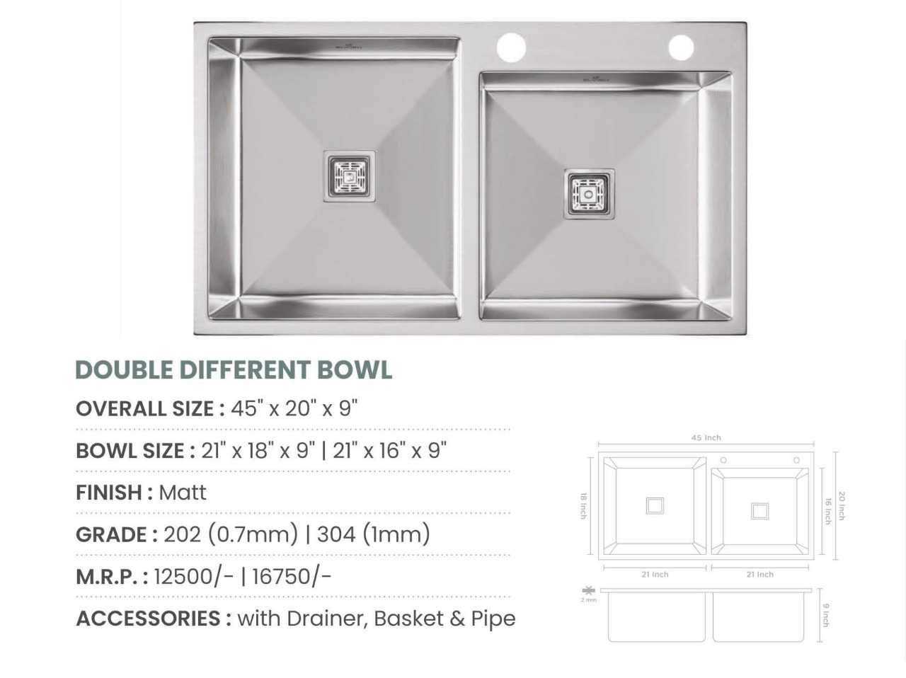 Handmade Double Bowl with Tap Hole Kitchen Sink (45x20x9 inches)