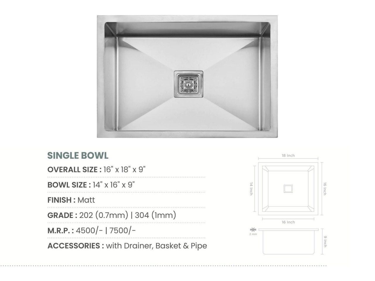 Handmade Single Bowl Kitchen Sink (16x18x9 inches)