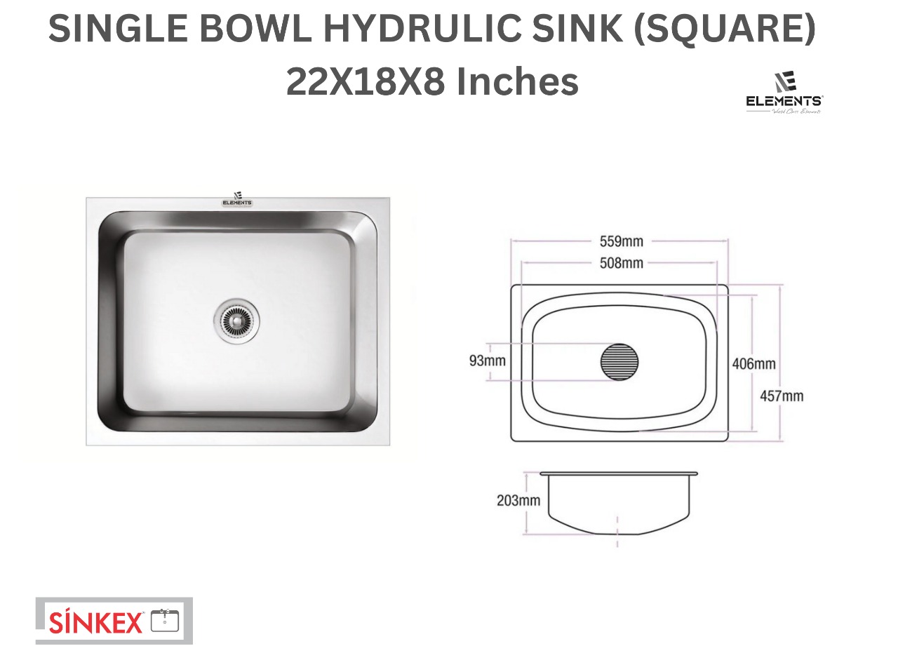 Square single Bowl hydraulic sinks (22x18x8 inches)