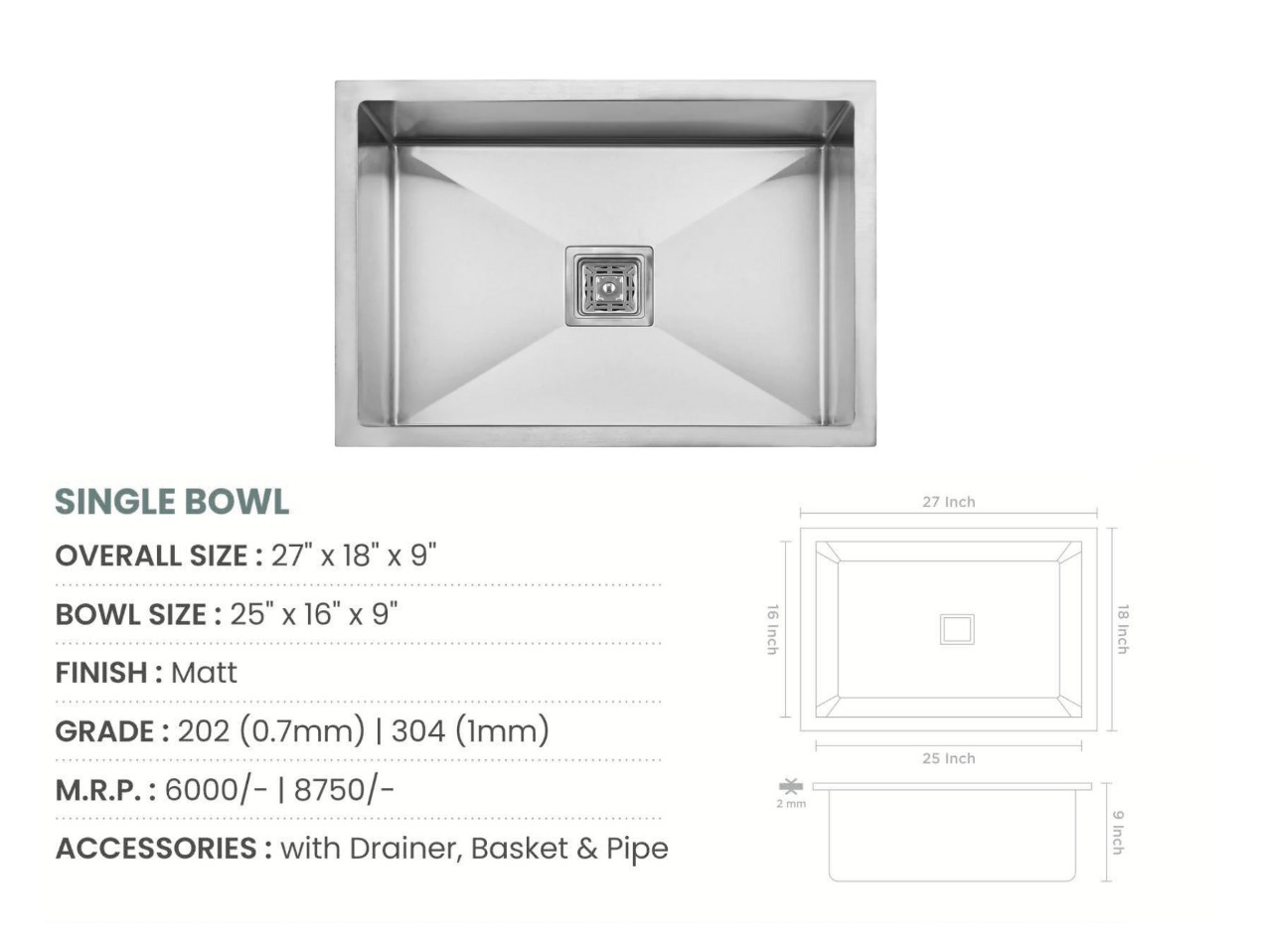 Handmade Single Bowl Kitchen Sink (27x18x9 inches)
