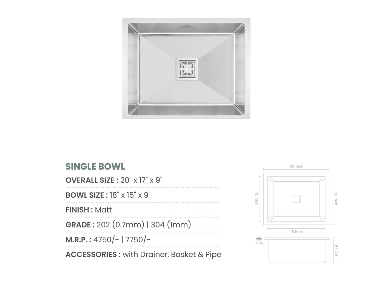 Handmade Single Bowl kitchen Sink (21x18x9 inches)