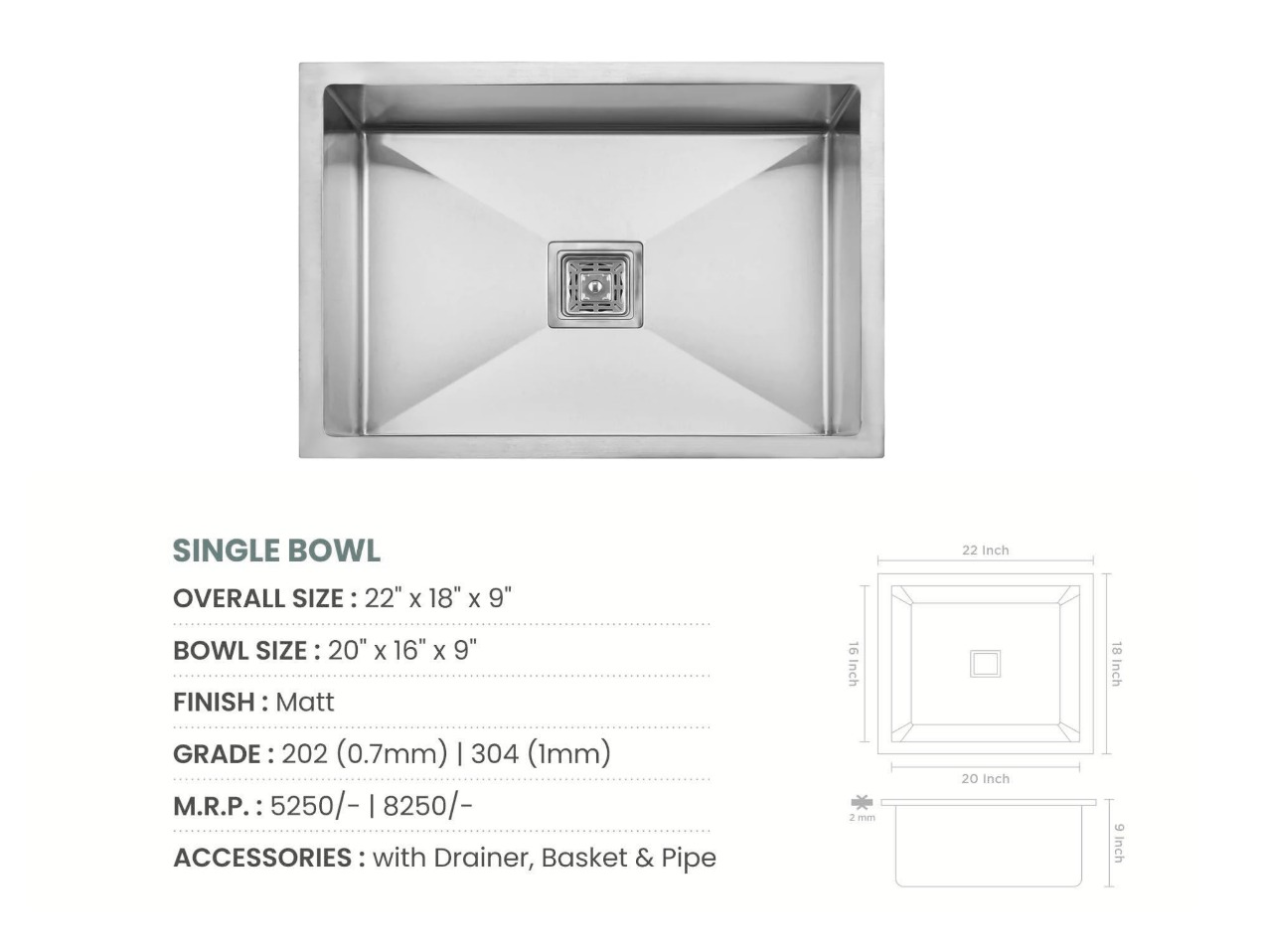 Handmade Single Bowl Kitchen Sink (22x18x9 inches)