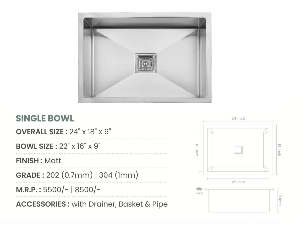 Handmade Single Bowl Kitchen Sink (24x18x9 inches)