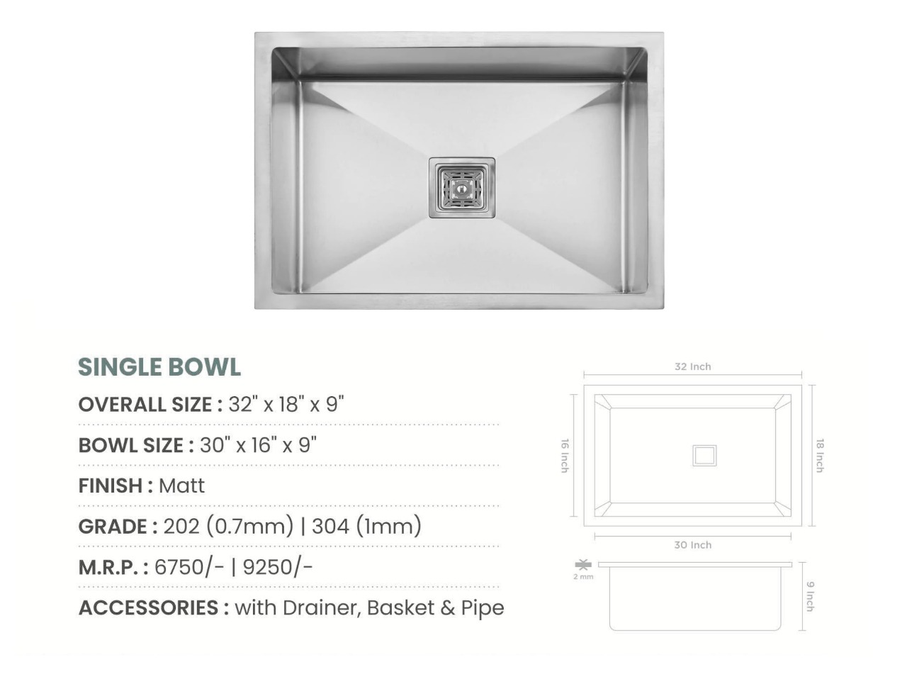 Handmade Single Bowl Kitchen Sink (32x18x9 inches)