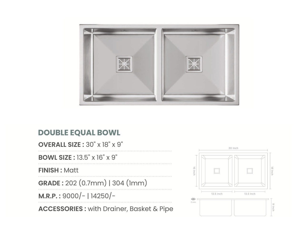Handmade Double Bowl with Kitchen Sink (30x18x9 inches)