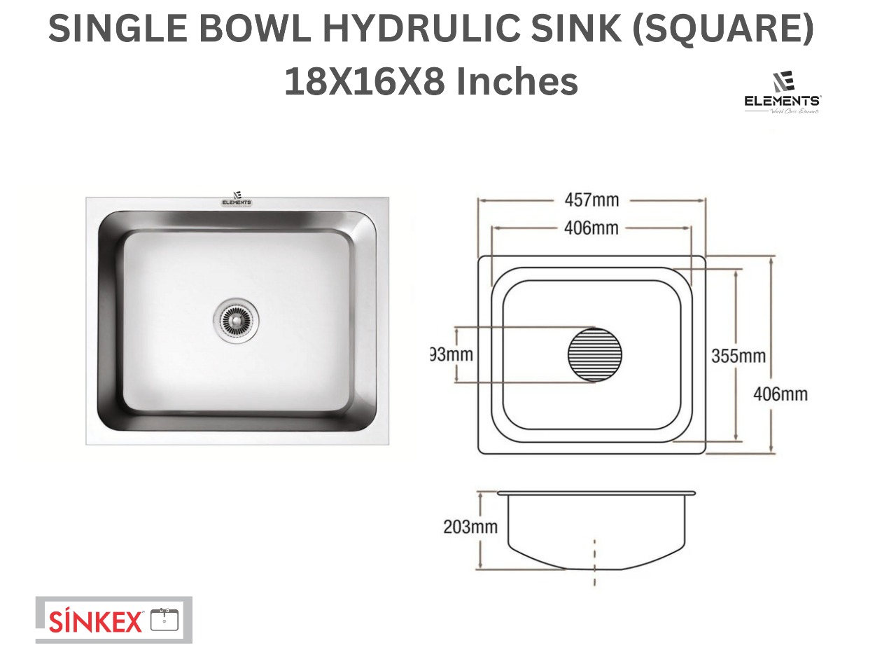 Single Bowl Kitchen Sink (18x16x8 inches)