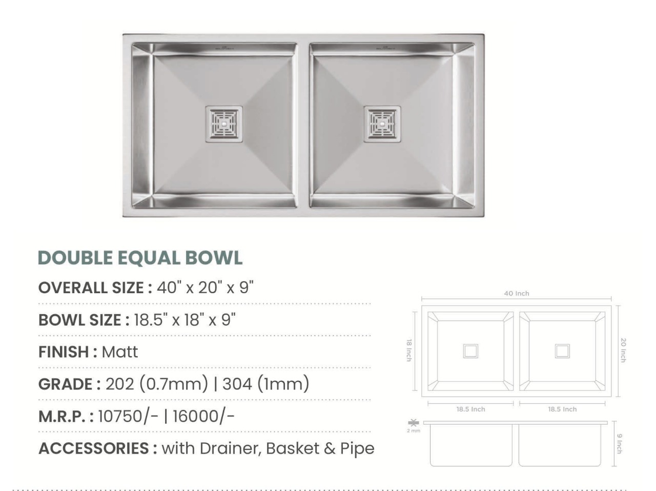 Handmade Double Bowl with Kitchen Sink (40x20x9 inches)