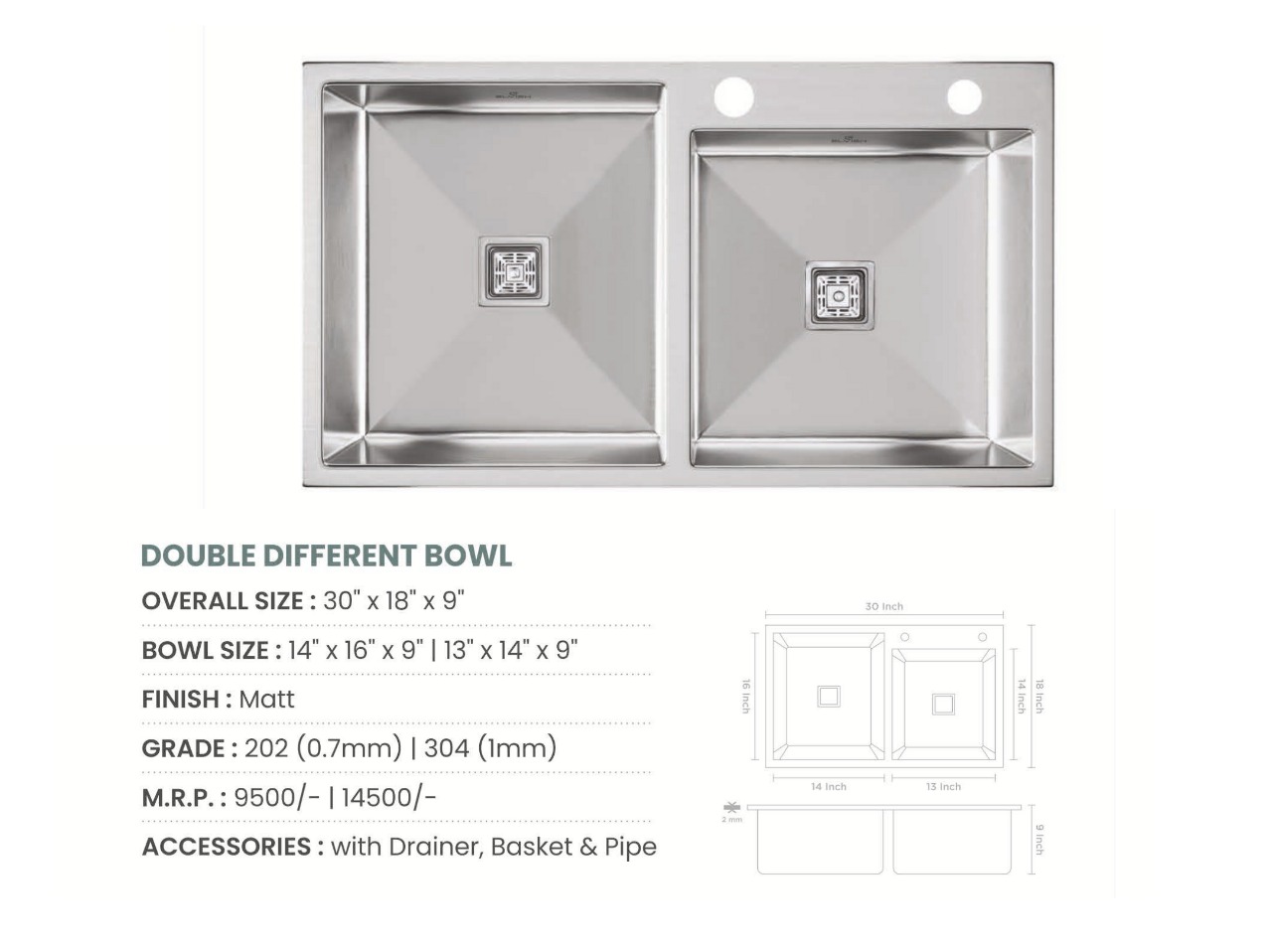 Handmade Double Bowl With Tap Hole Kitchen Sink (30x18x9 inches)