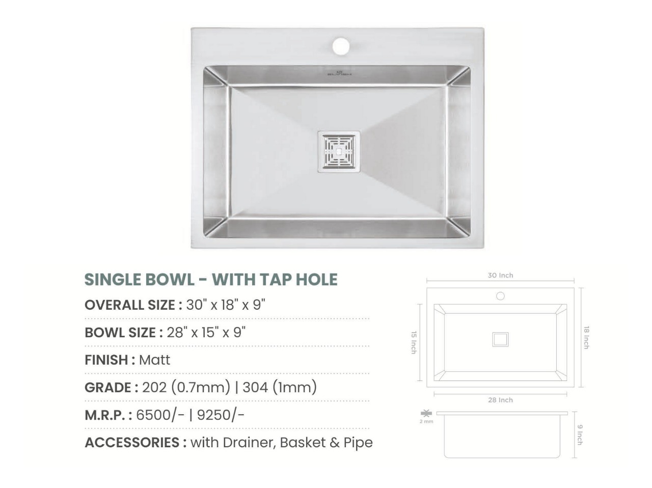 Handmade Single Bowl with tap hole Kitchen Sink (30x18x9 inches)