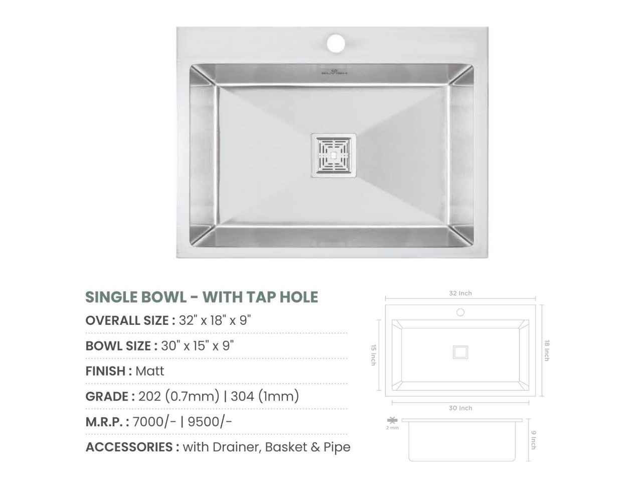 Handmade Single Bowl with Tap Hole Kitchen Sink (32x18x9 inches)