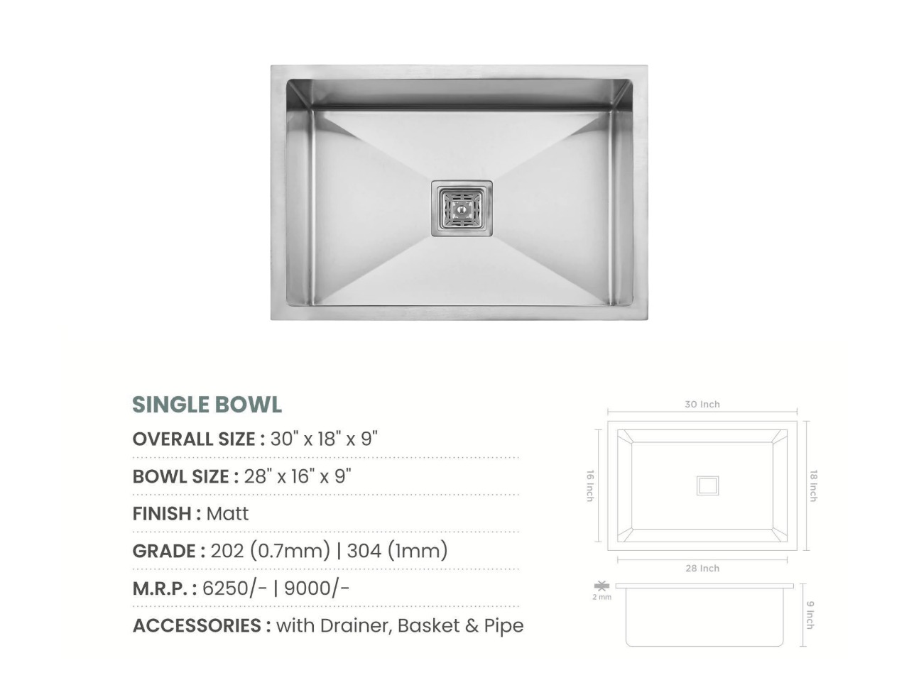 Handmade Single Bowl Kitchen Sink (30x18x9 inches)